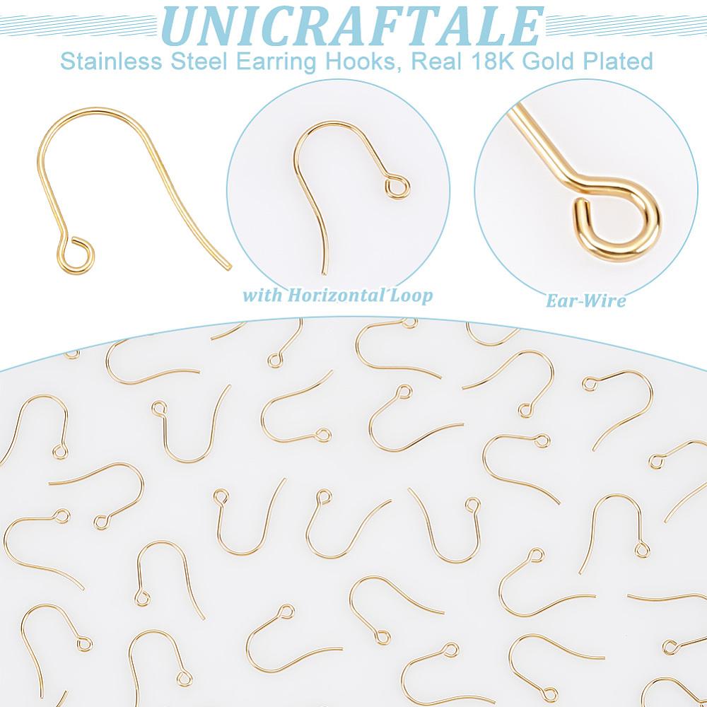 200Pcs 304 Stainless Steel Earring Hooks, Ear Wire, with Horizontal Loop, Real 18K Gold Plated, 18x15mm, Hole: 2mm