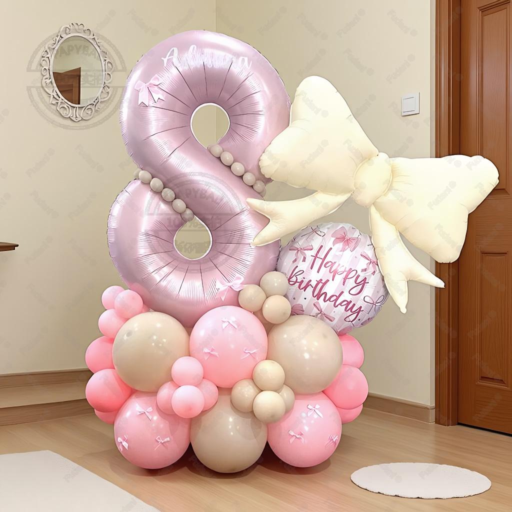 55PCS Pink Bow Theme Bouquet Balloon Set with 40inch Pink Number Girl First Birthday Party Decoration Baby Shower Helium Globos
