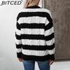 BITCED Striped Sweater for Women - Autumn/Winter Vintage Oversized O-Neck Cable-Knit Top