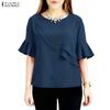 ZANZEA Women Casual Round Neck Solid Color Ruffles Half Sleeve Blouse