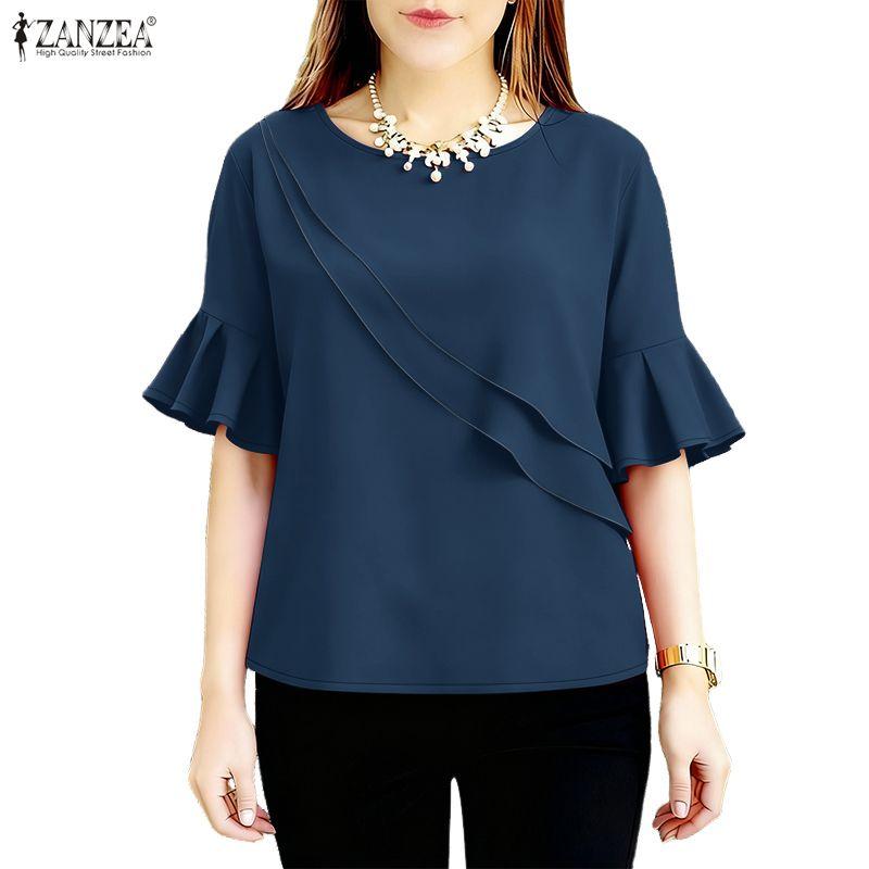 ZANZEA Women Casual Round Neck Solid Color Ruffles Half Sleeve Blouse