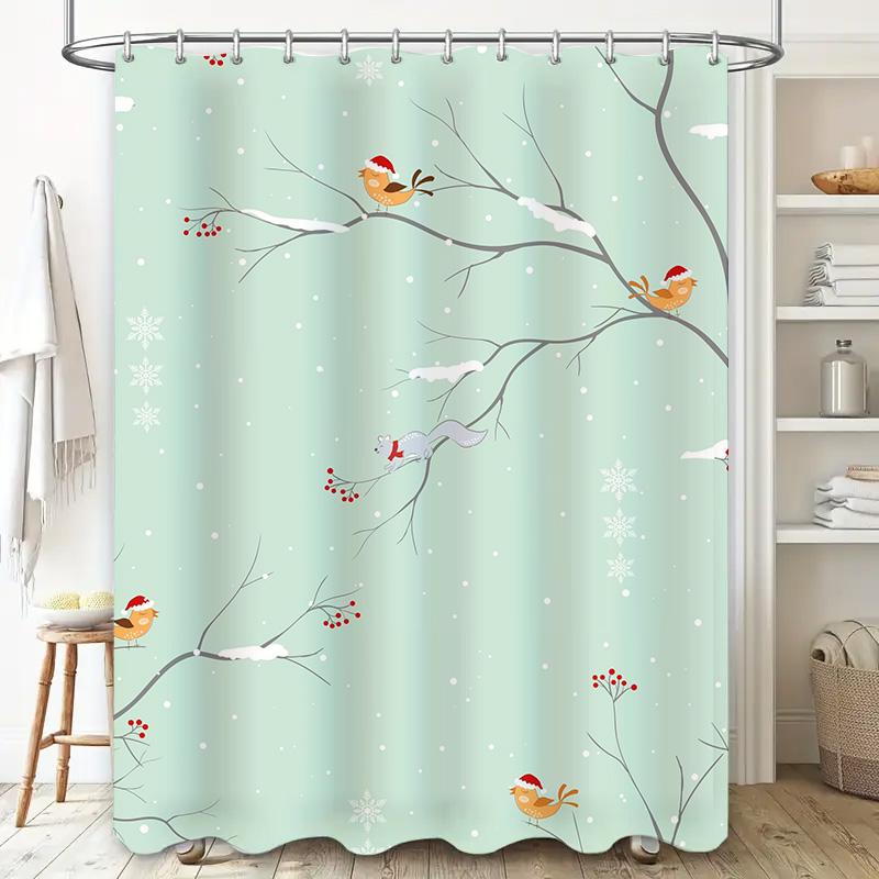 Christmas-Themed Shower Curtain With Birdsholiday Decor For Bathroom, Waterproof Fabric, Washable Design Light Blue Color (#01)