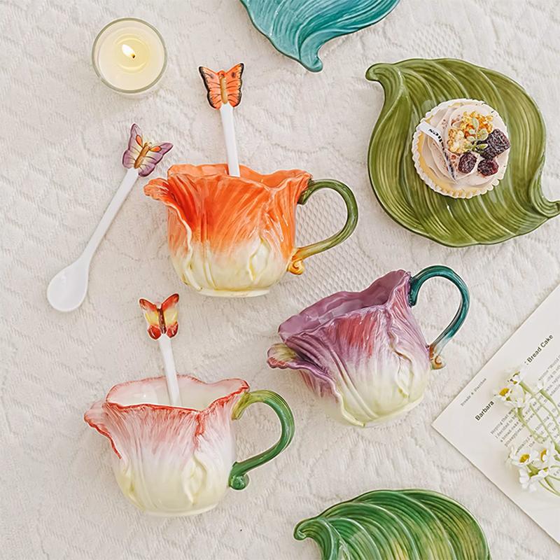 Tulip Ceramic Coffee Cup Saucer and Spoon Exquisite for Afternoon Tea Flower Tea and Coffee Creative Embossed Flower Mug Gifts