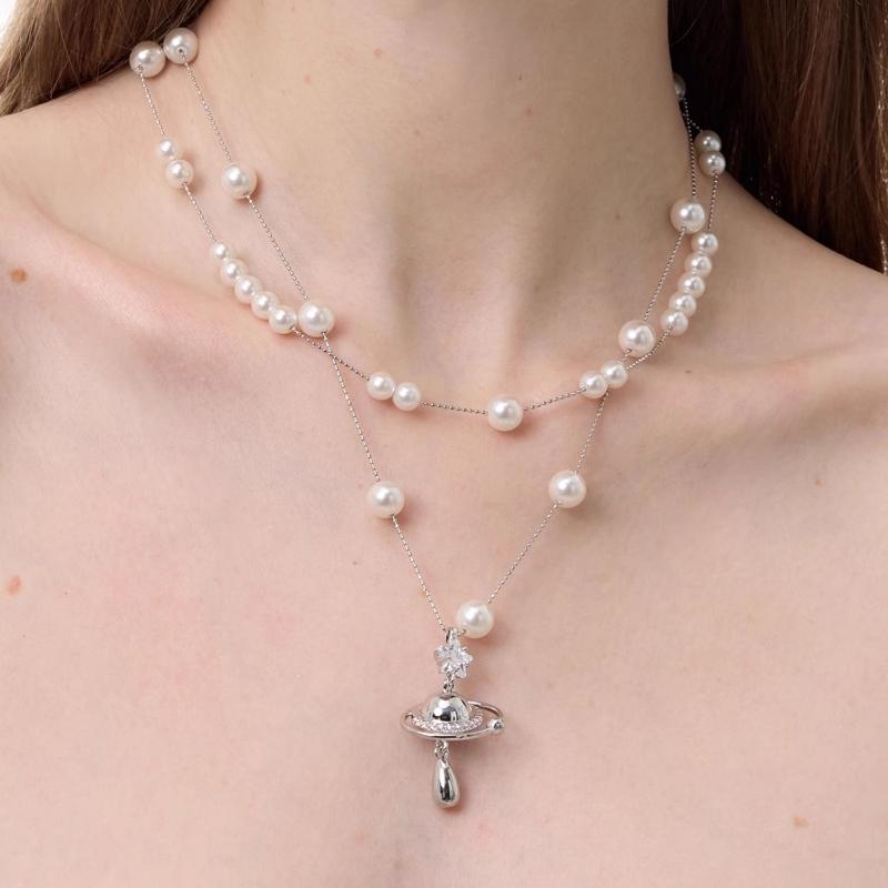 Double-Layer Imitation Pearl Necklaces For Women Water Drop  Pendant Necklace Saturn Star Zircon Neck Chains Jewelry