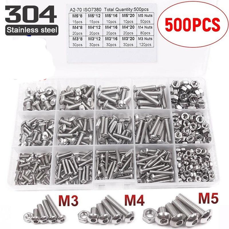 

500 шт. Комбинированный набор болтов и гаек из нержавеющей стали 304, болты M3/M4/M5, ответные гайки, шестигранные болты, винты, крепежные детали в упаковке