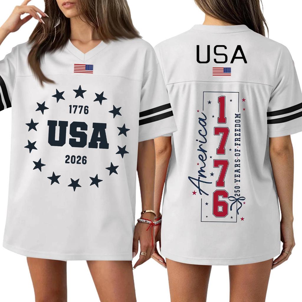 Womens Short Sleeve V Neck Oversized T Shirt 1776 2026 USA Letter Print Loose Fit Top Flag Graphic Tee