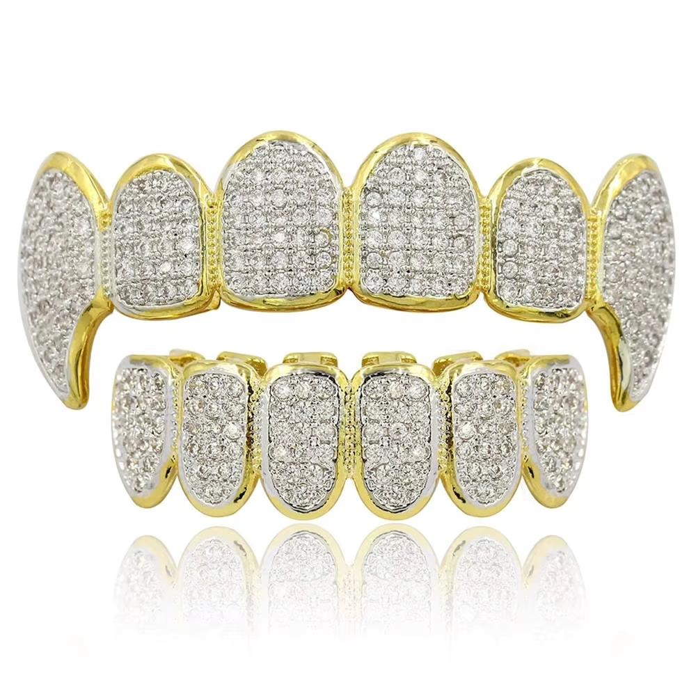 Hop Inset Zircon Teeth Fangs Brass Grillz Top Bottom As Body Jewelry
