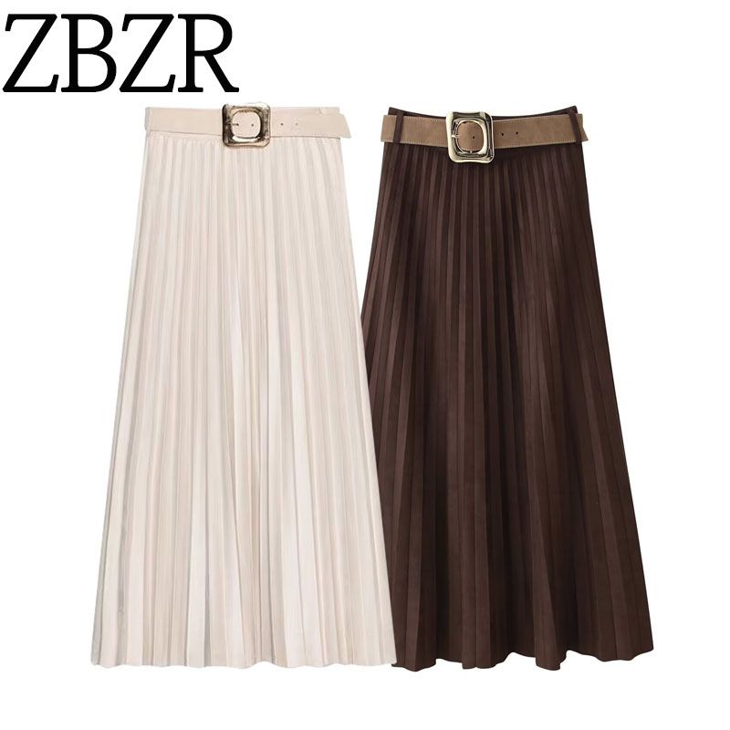 Za Autumn New Arrivals Women's Clothing Zr European and American Style Belted Suede Effect Pleated Midi Skirt 3046252 711