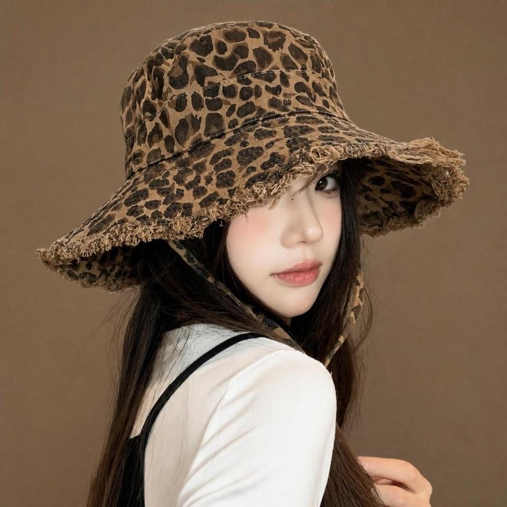 Leopard Print Women's Fisherman Hat Distressed Washed Mountaineering Hat Outdoor Activities