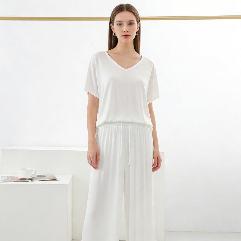 Summer Modal Homewear 2 Piece V-Neck Short Sleeve Tshirt and Wide Leg Pant Ankle Length Loose Sleepwear Set Comfort Pajama Sets