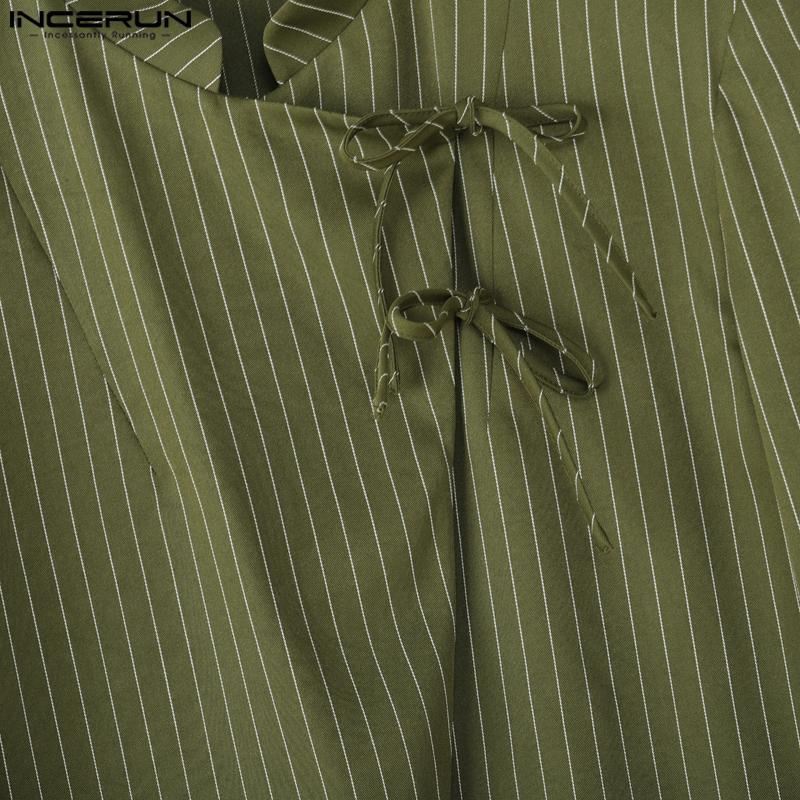 INCERUN Men Stand Neck Long Sleeve Striped Side Bandage Cropped Short Shirts