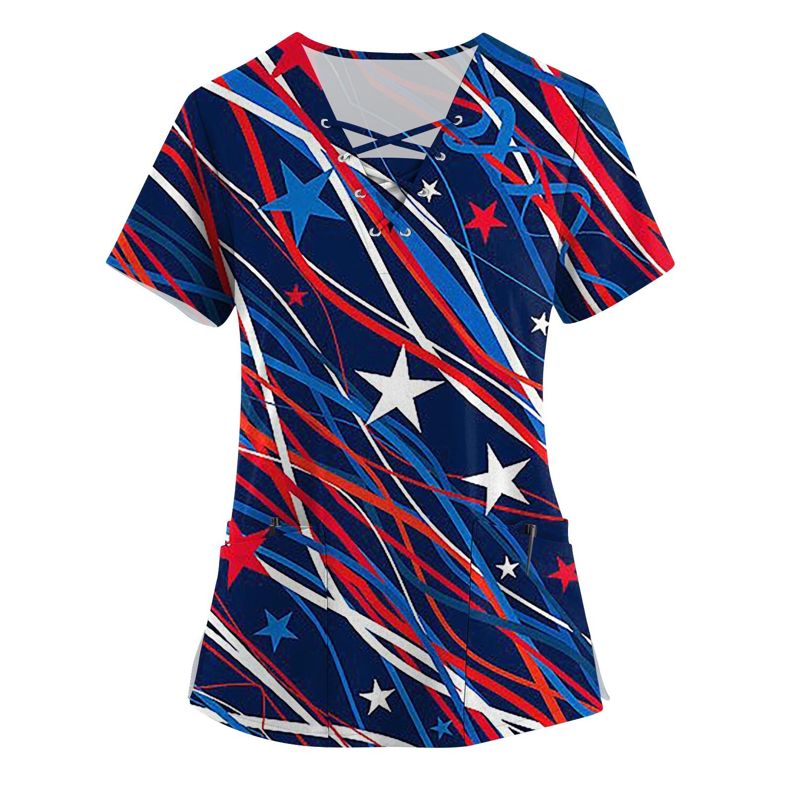 

Плюс размер скраб с принтом Рабочая форма Топы для женщин Крест V-образным вырезом Форальный принт с короткими рукавами Забавные футболки Спецодежда Футболка с карманами XXL киноварь