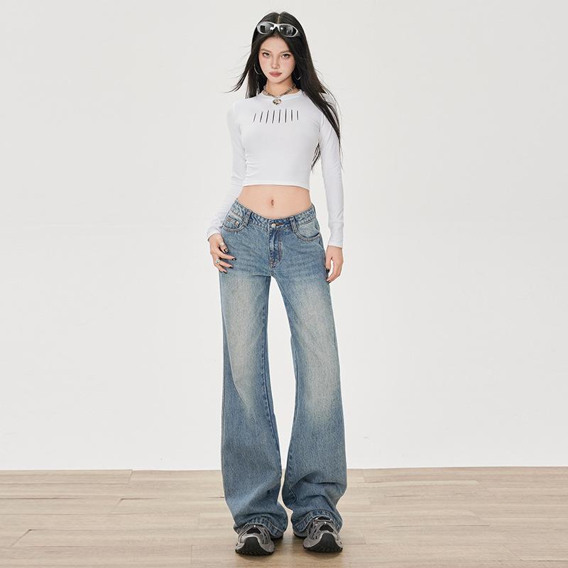 American retro micro-pull jeans women's autumn new design low waist loose and thin flared pants