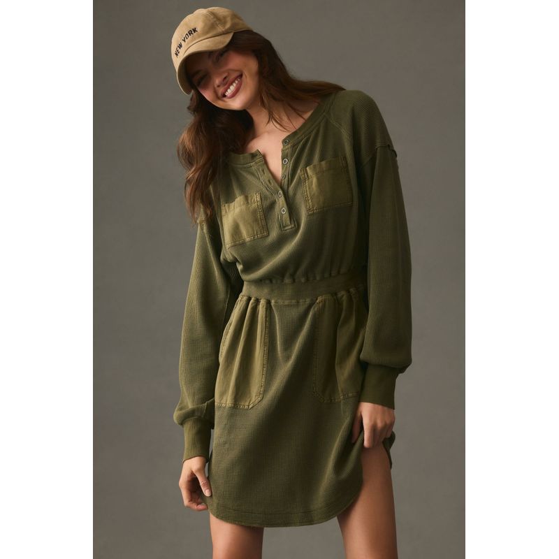 An Dailyp White Collar Series Soft Sticky Wash Waffle Patch Pocket Design Long Sleeves Henry Dress