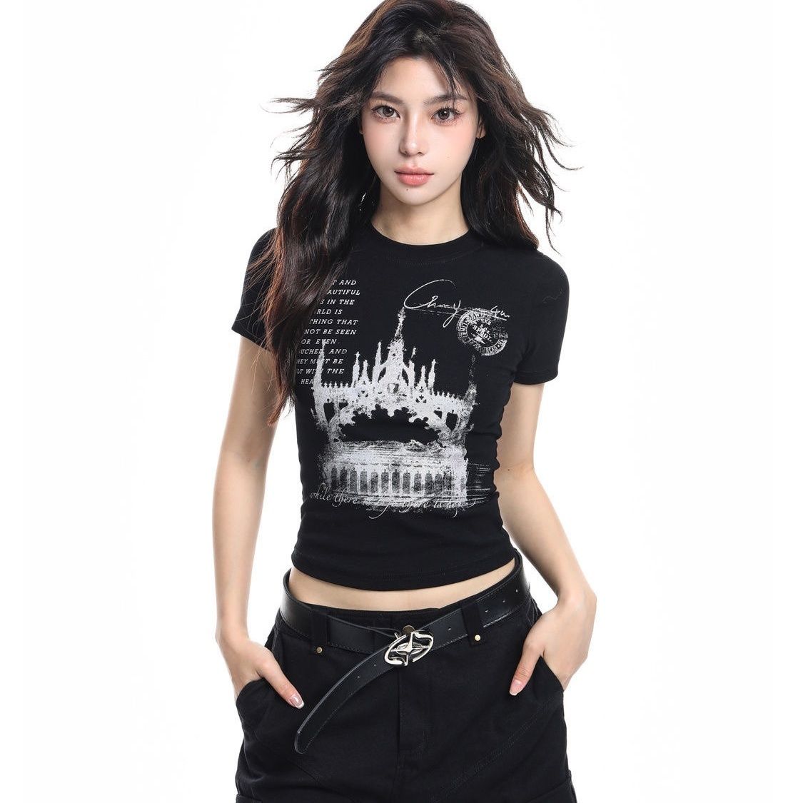 

Чорні футболки з принтом для жінок Сексуальні топи Модні жіночі футболки з коротким рукавом Топи Y2K для дівчат L чорний