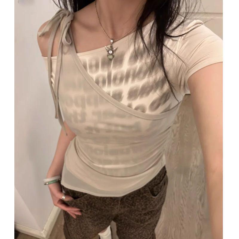 Summer Spicy Girl One-Shoulder Patchwork Short-Sleeve T-shirt with Slit Irregular Design