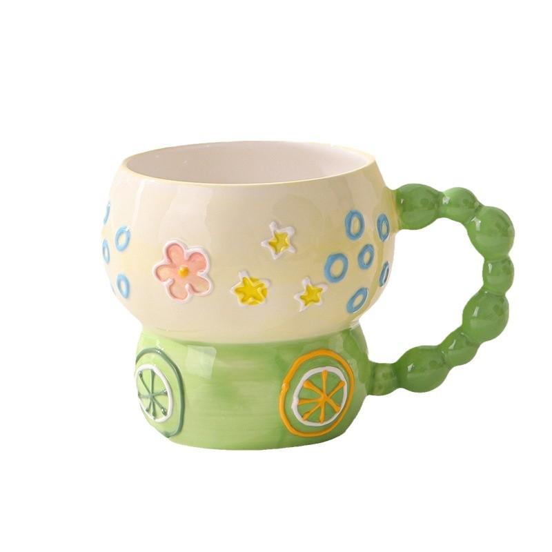 Hand-Painted Relief Ceramic Breakfast Cup Large Capacity Oat Cup Mug Cute Creative Household Cup Cartoon Water Cup