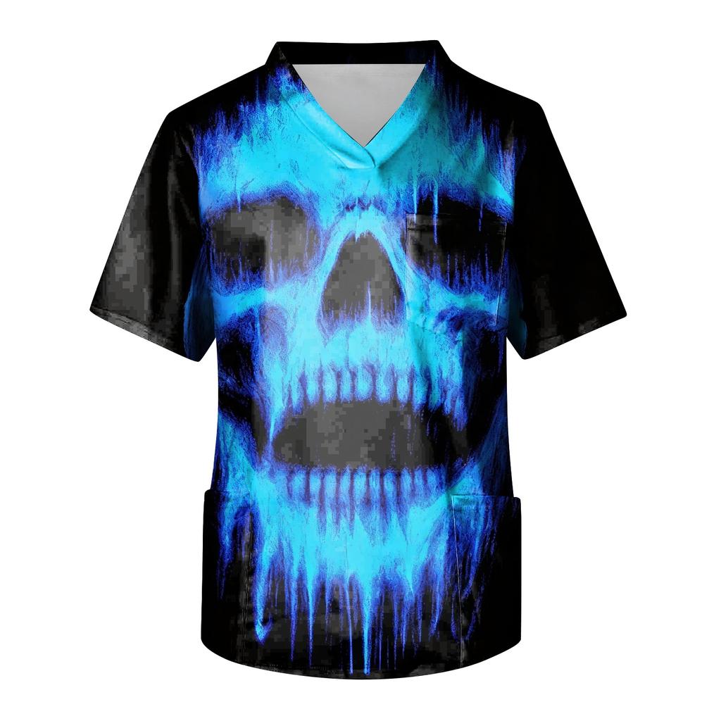 Men's Halloween Printed V-Neck Short Sleeve Scrub Top with Pocket