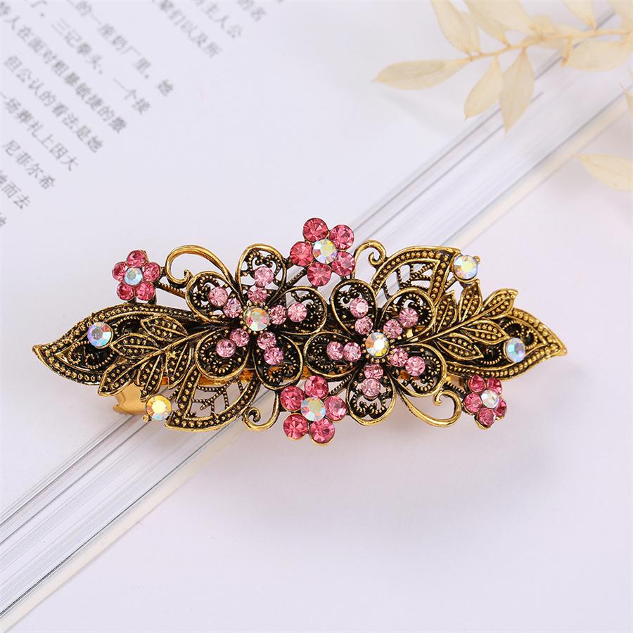 Korean Fashion Retro Colorful Rhinestone Hairpin Elegant Ladies Bronze Metal Flower Plate Hair Top Clip Headband Hair Accessory