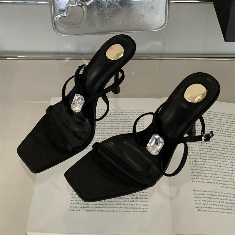 Sexy Crystal Diamond Square Toe Buckle Strap Women Sandals Street Style Thin High Heels Stripper Party Shoes