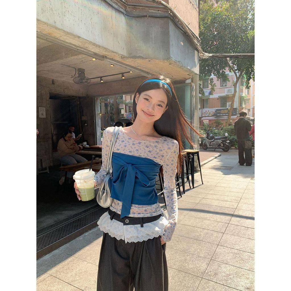 Women's Spring Floral Sheer Slim Long Sleeve T-shirt