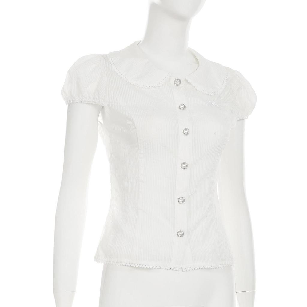 Doll Face Academy Short Sleeve Sheer Top with Pearl Buttons and Slim Fit