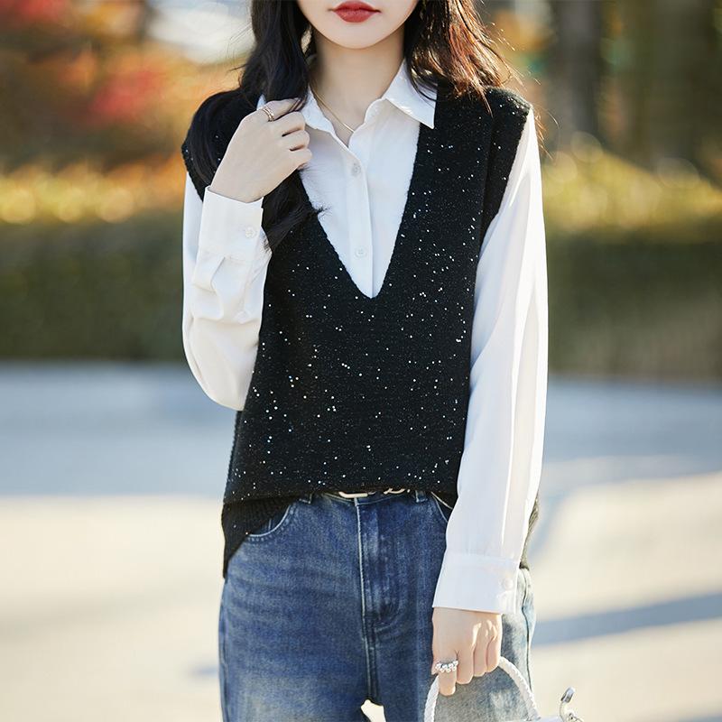 

Весна 2025 Женский Свободный Вязаный Жилет из Енотового Бархата с V-образным Вырезом и Пайетками L