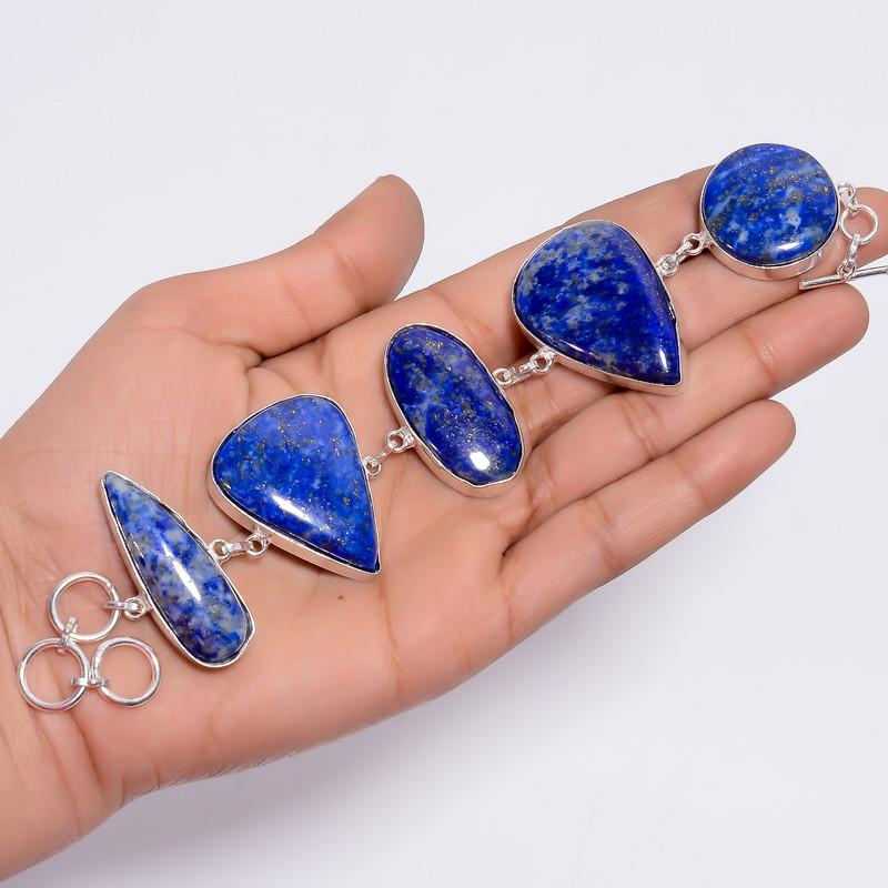 Elegant Top Grade Qualite 100% Natural Lapis Lazuli Oval Shape Ethnic Style Handmade Jewelry 925 Steling Silver Plated Bracelet 7-8" WSJ4689