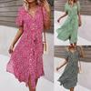 Sexy V Neck Midi Dress for Women Floral Print Cotton Blend Breathable Beach Dress