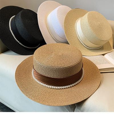 French Elegant Satin Pearl Top Hat for Women's Vacation Sun Protection, Flat Top Sun Hat, Straw Hat, Beach Hat