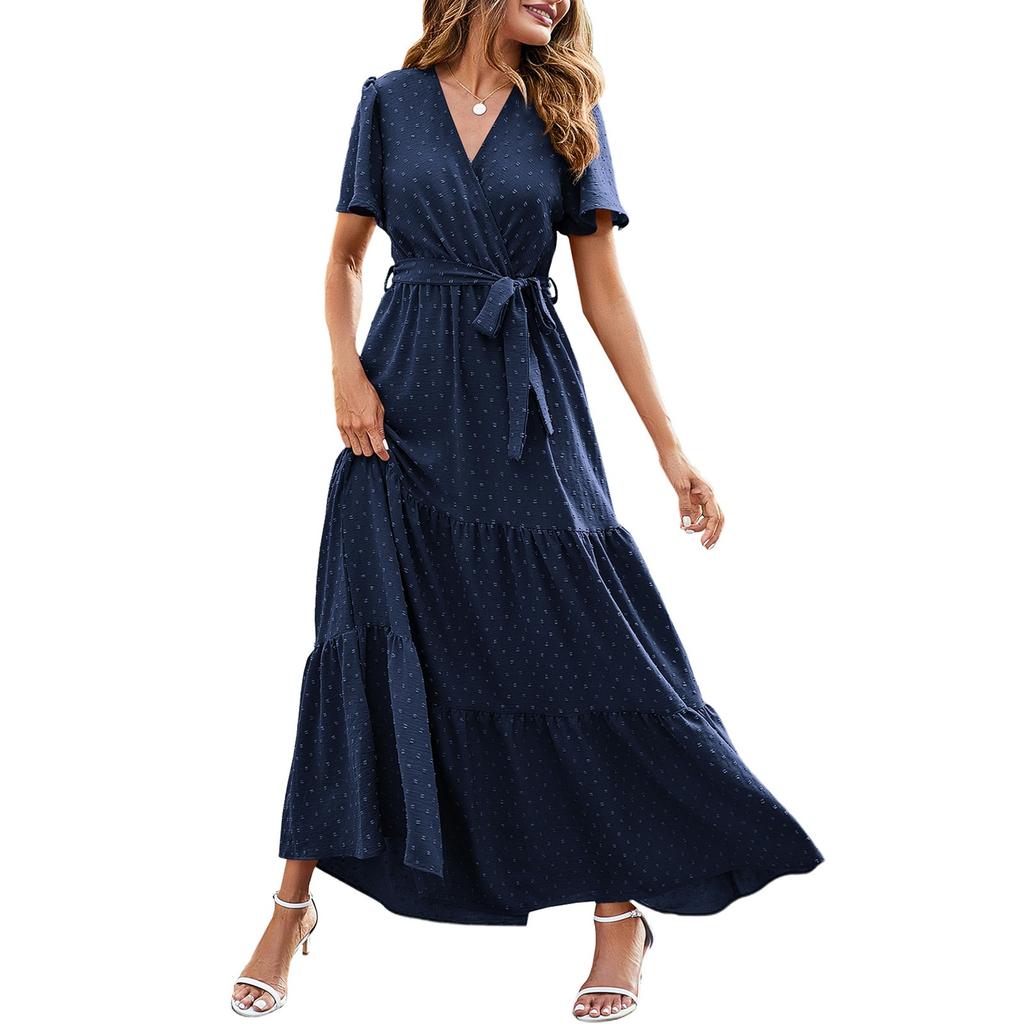 Women's Summer Bohemian Dot V-Neck Floating Short Sleeve Solid Color Tie Dresses