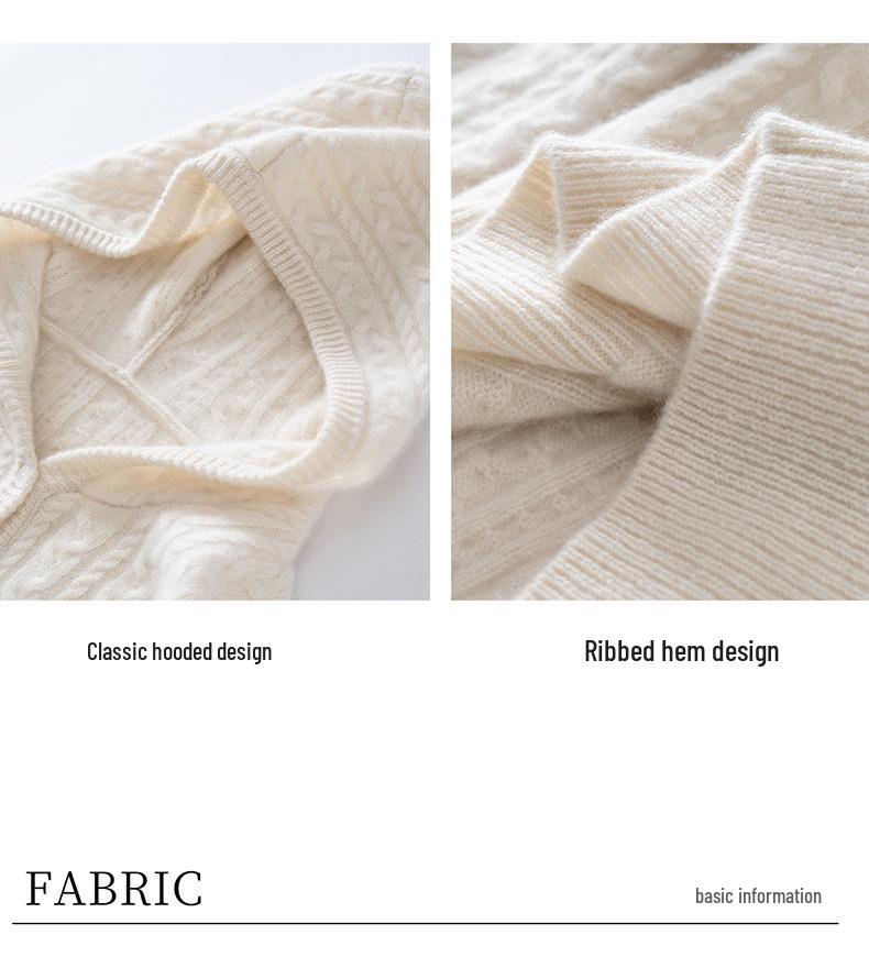Women’s Loose Hooded Cashmere Sweater – Thick Cable Knit with Half-Open Collar for Autumn and Winter