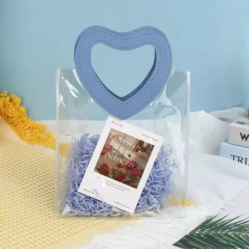 

Transparent Hand Gift Bag PVC with Heart Shape Handle Shopping Bag Waterproof Handbag Tote Bag Gift Pouch Wedding Party Favors 18x10x20cm синий