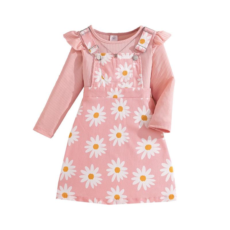 Girls' Outfit Children's Clothing Summer New Ribbed Long Sleeve Top Printed Strap Dress Two-Piece Set