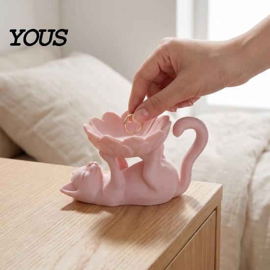 Unique Home Decor 3D Printed Lazy Lying Cat Lotus Jewelry Tray, Cute Figurine Office Desk Storage Trinket Dish, Desktop Catchall for Rings Earrings