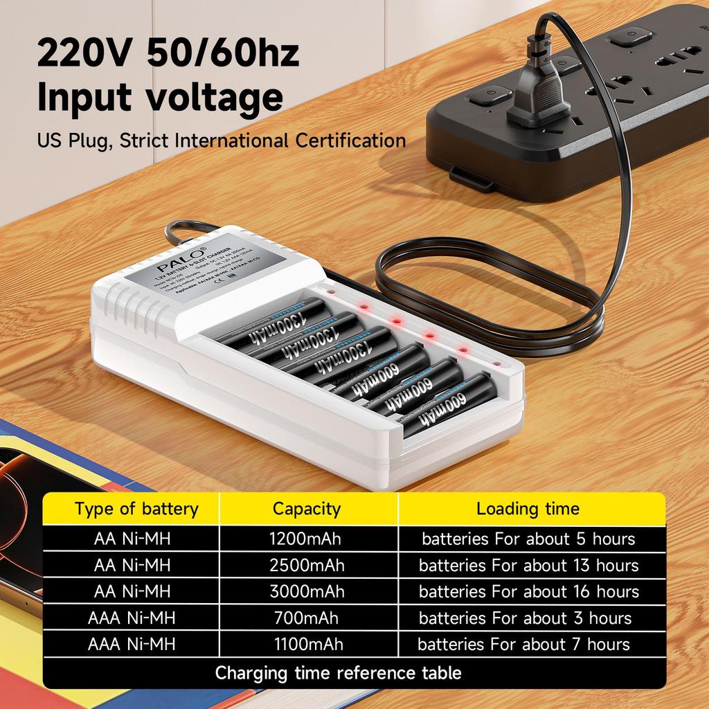 PALO Rechargeable Battery AA 1.2V Ni-MH Batteirse AA(HR6) 1300mAh and AAA(HR03) 600mAh NI-MH 2A/3A Rechargeable Batteries+6-slot charger
