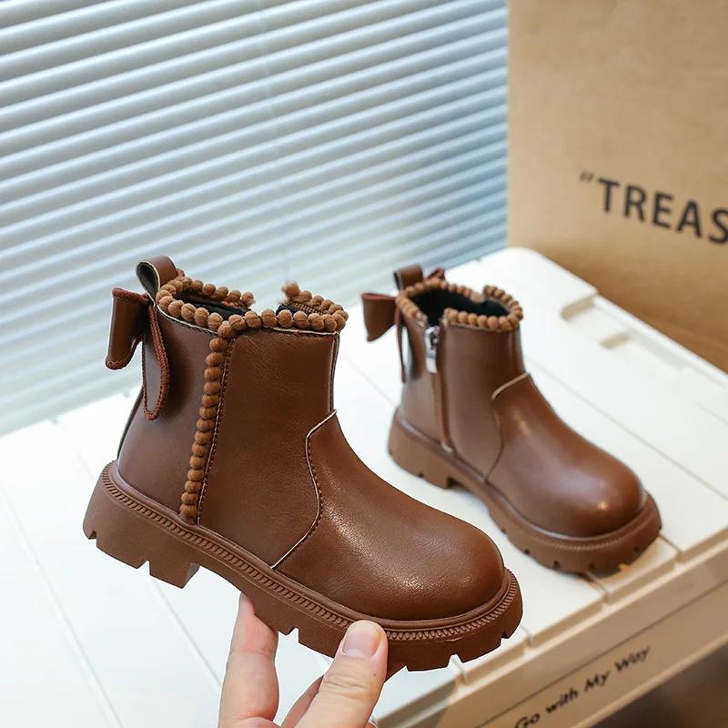 2024 Children Leather Shoes for Girls Autumn Winter New Fashion Korean Style Soft Bottom Anti-slippery Versatile Short Boots