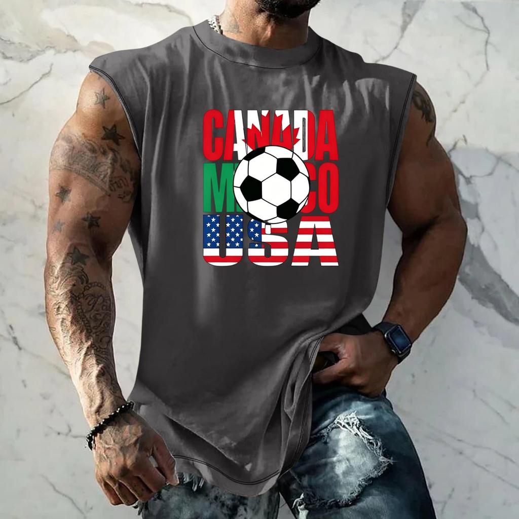 Men Sleeveless Tank Top Loose Fit Basic Vest Soccer Themed Graphic Print Summer Casual Sportswear Muscle Shirt