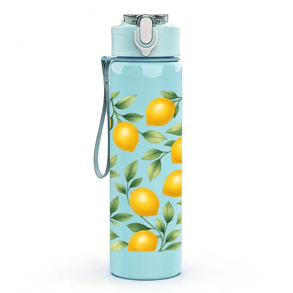 1PC Fresh Yellow Lemon Fruit Pattern Print 750ml Color Plastic Sports Water Bottle Leakproof Flip Straw Lid Suitable for Sports Office Home Use