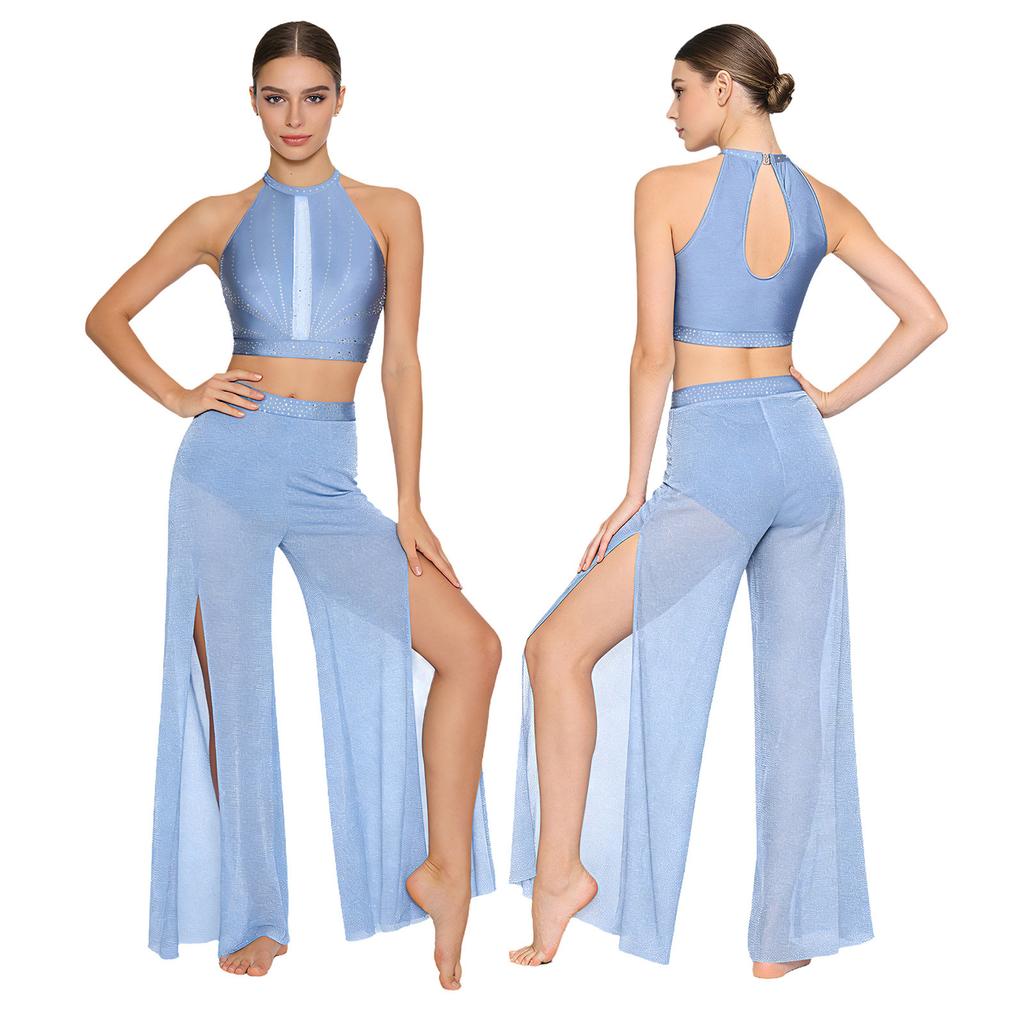Womens Lyrical Dance Performance Outfit Sequin Hollow-out Tank Crop Top+Built-in Briefs Mesh Pants Modern Contemporary Dancewear