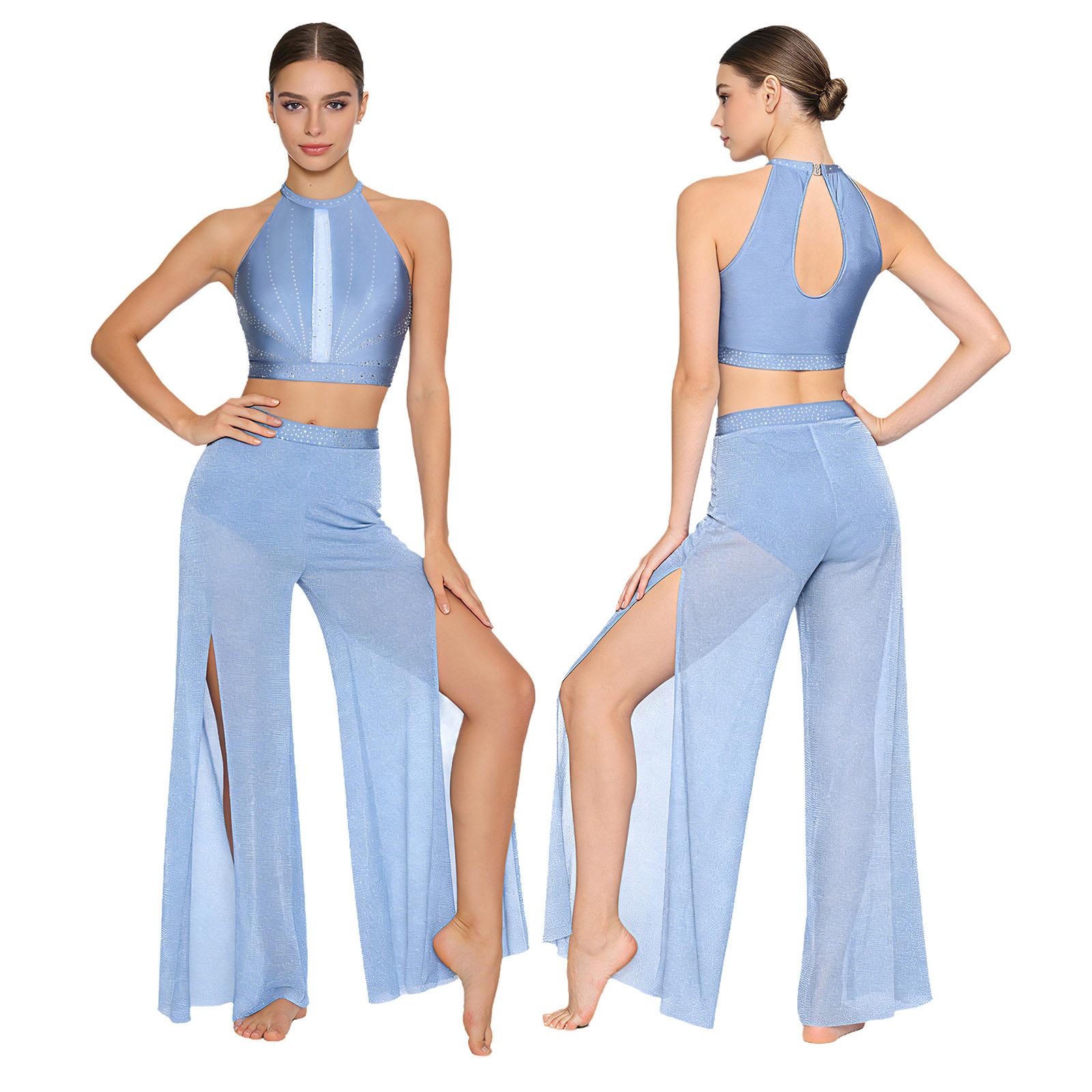 Set da Danza Lirica per Donna con Strass, Canotta con Schiena Svuotata e Pantaloni a Gamba Larga in Rete, Costumi per Danza Moderna Contemporanea blu