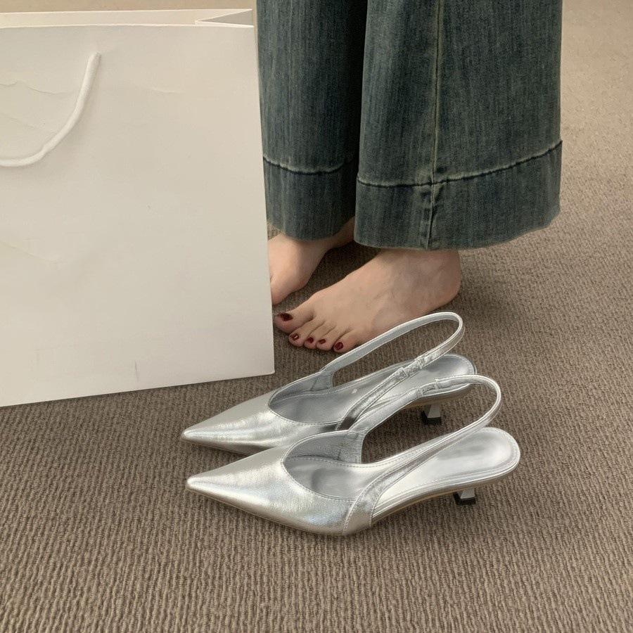 Kitten and bag head sandals women's new beautiful silver pointed high heels
