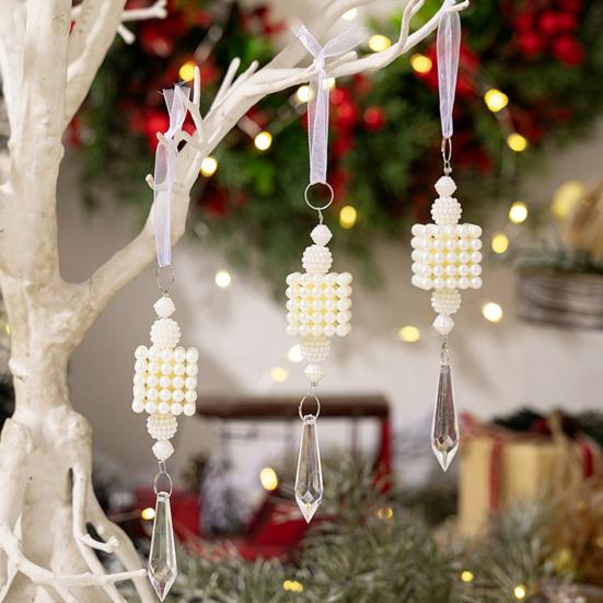 Faux Pearl Christmas Tree Ornaments Winter Faux Pearl Beaded Christmas Hanging Decoration with Faux Crystal Pendant for Home Wedding