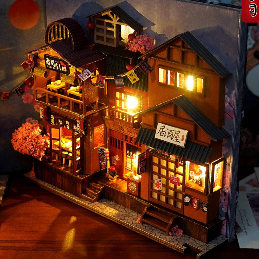 Cherry Sakura 3D Wooden Puzzle Bookend DIY Book Nook Kit with LED Light Shelf Insert Alley Miniature Dollhouse Model Buildings