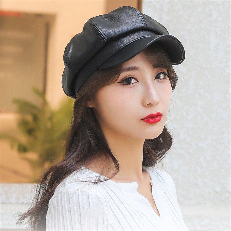 Octagonal Cap Women Adjustable Faux Girls Retro Peaked Beret Cap Leather Hats Solid Color Winter Autumn