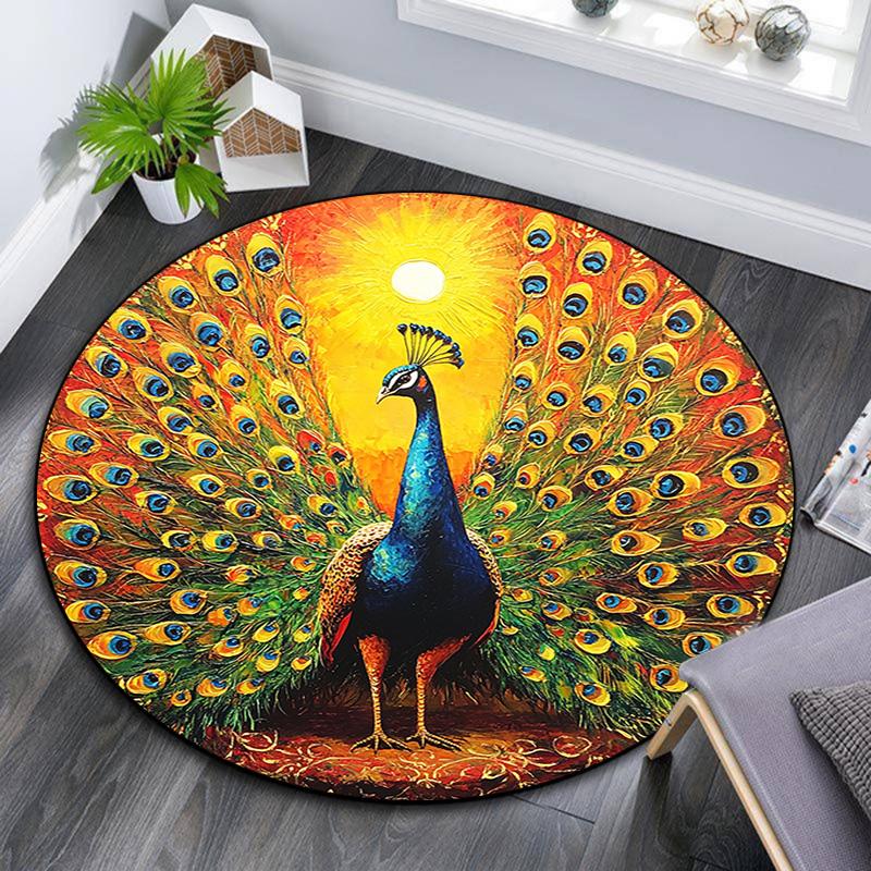 Peacock Round Area Rug,Carpet Rug for Living Room Bedroom Sofa Playroom Decor,Non-slip Floor Mat