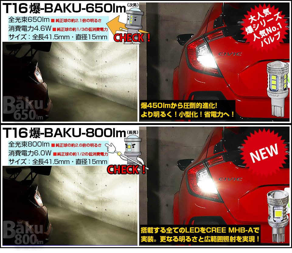 Pikakyu 20322 Suzuki Hustler LED Back Lamp, Compatible with MR52S/MR92S, T16, Explosion-BAKU-450lm, White, 6600K,