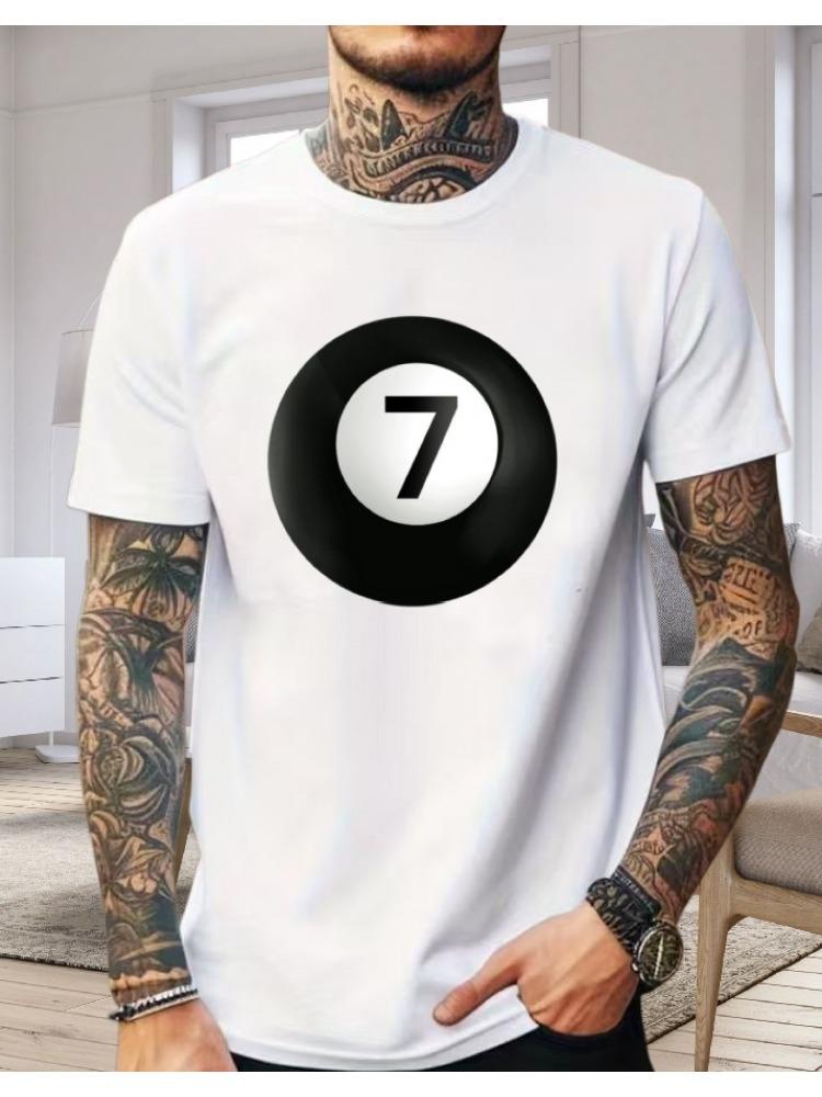 Unisexs Dark Gray Cotton Tee Lucky Seven Billiard Ball Retro Graphic Crew Neck Short Sleeve Vintage Street Casual Male Loose Top