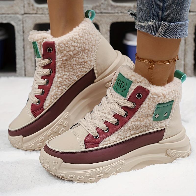 Stylish Winter Women's Thick-Soled Ankle BootsWhite & Pink Accents for Casual Attire, Everyday Footwear, Durable Traction Footwear