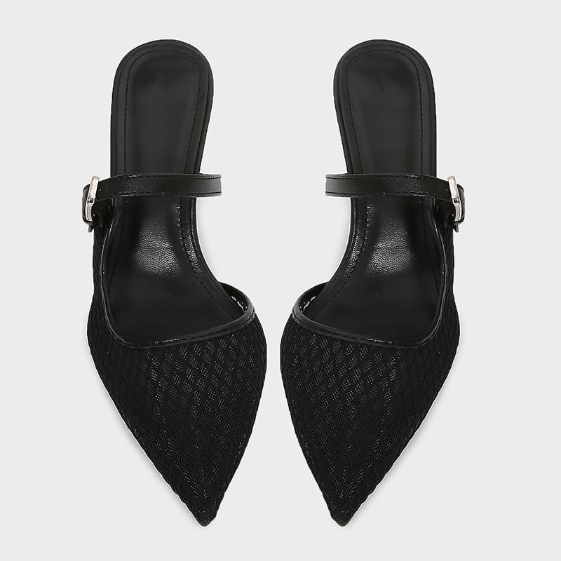 Fashion pointed toe air-mesh high heels slippers women sexy lace thin heel party shoes ankle belt lace mules shoees woman flip flops